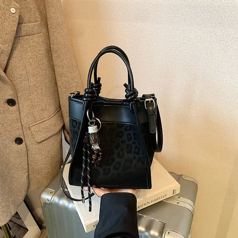 Dames Luipaardprint Draagtas PU Leer Flocking Spliced Bucket Bag Met Knoop Handvat Casual Street Crossbody Handtas