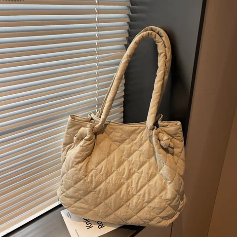 Women Japanese Minimalist Quilted Padded Tote Bag Large Capacity Rhombus Shoulder Bag With Knot Strap Casual Daily Handbag