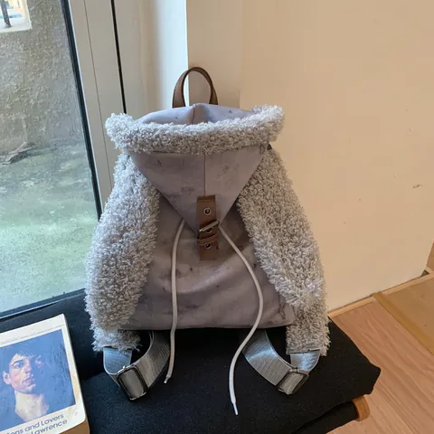 Mochila Vintage Linda con Orejas de Conejo para Mujer Borde de Felpa Cordón Lona Gran Capacidad Viaje Escuela Bolso de Hombro