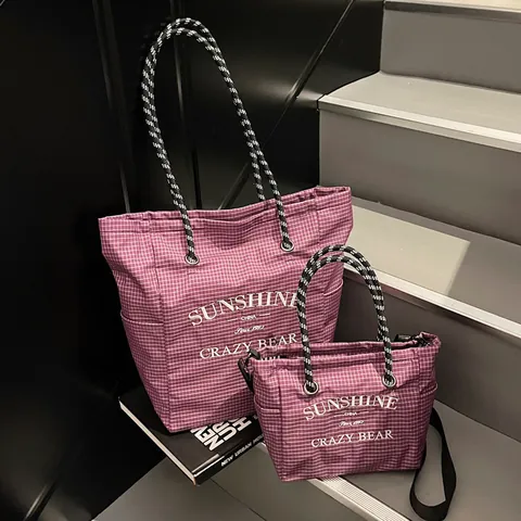 Minimalist Canvas Checkered Tote Bag For Women Large Capacity Striped Shoulder Bag With Rope Handle Casual Daily Handbag