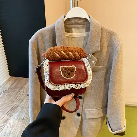 Korean Style Ins Mini Crossbody Bag For Women Girls Vintage PU Leather Lace Bear Patch Baguette Plush Handle Cute Shoulder Bag