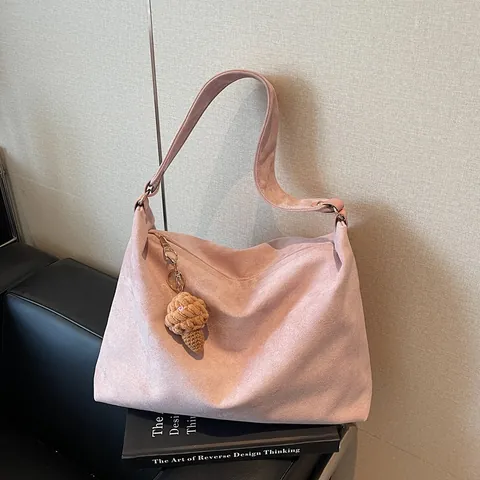 Bolso Tote de Gamuza de Gran Capacidad para Mujer Bolso de Hombro Con Colgante Gamuza Sintética Retro Bolso Diario
