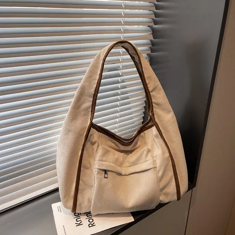 Vintage Corduroy Tote Bag For Women Large Capacity Contrast Color Piping Shoulder Bag With Front Zipper Pocket Casual Hobo Bag