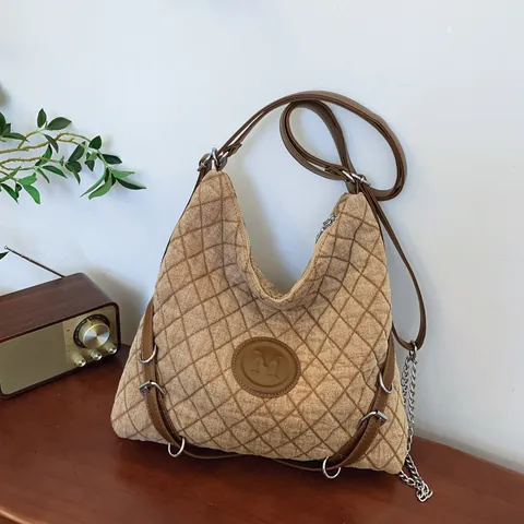 Women Quilted Tote Underarm Bag Large Capacity Fabric Shoulder Bag With Chain Decoration Vintage Casual Letter M Bag