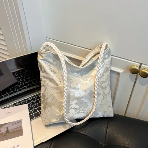 Borsa a Secchiello Donna in Stile Coreano Vintage Nylon Farfalla Pois Grande Capacità Tracolla Intrecciata Borsa a Mano