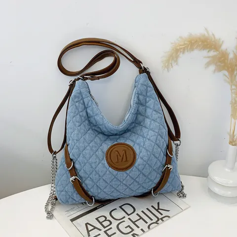 Women Quilted Tote Underarm Bag Large Capacity Fabric Shoulder Bag With Chain Decoration Vintage Casual Letter M Bag