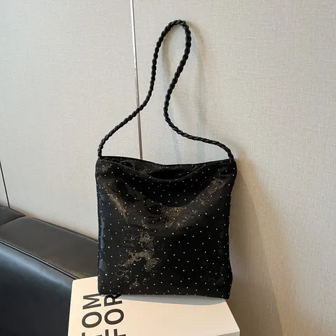 Borsa a Secchiello Donna in Stile Coreano Vintage Nylon Farfalla Pois Grande Capacità Tracolla Intrecciata Borsa a Mano
