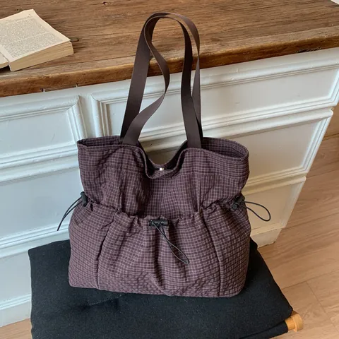 Vintage Ruitjespatroon Grote Capaciteit Draagtas Voor Dames Casual Stoffen Schoudertas Met Zijzakken Met Trekkoord