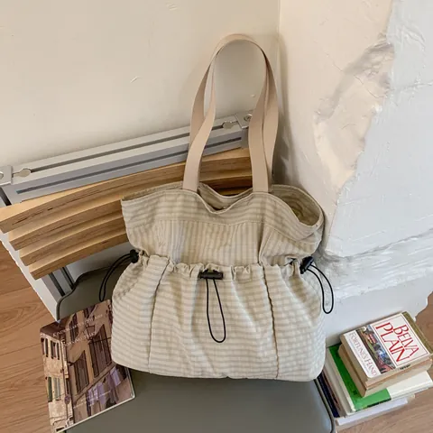 Vintage Ruitjespatroon Grote Capaciteit Draagtas Voor Dames Casual Stoffen Schoudertas Met Zijzakken Met Trekkoord