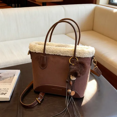 Vintage Suede Sherpa Trim Tote Bag For Women Retro Faux Lamb Wool Bucket Shoulder Crossbody Bag With Pom Pom Charm Handbag
