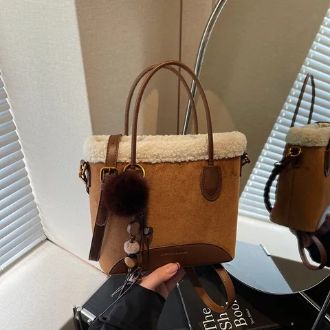 Vintage Suede Sherpa Trim Tote Bag For Women Retro Faux Lamb Wool Bucket Shoulder Crossbody Bag With Pom Pom Charm Handbag