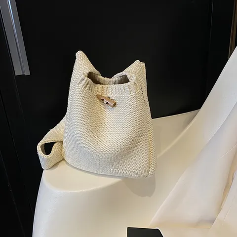 Women Japanese Minimalist Knitted Crossbody Bag With Horn Button Casual Handwoven Shoulder Phone Bag Solid Color Small Bucket Bag