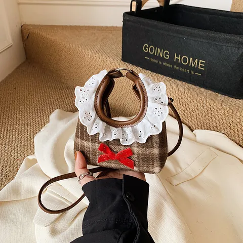 Süße Mini Karomuster Tweed Umhängetasche Für Kinder Damen Spitze Rüschen Schleife Dekor Kleine Handtasche Münzbörse Alltag