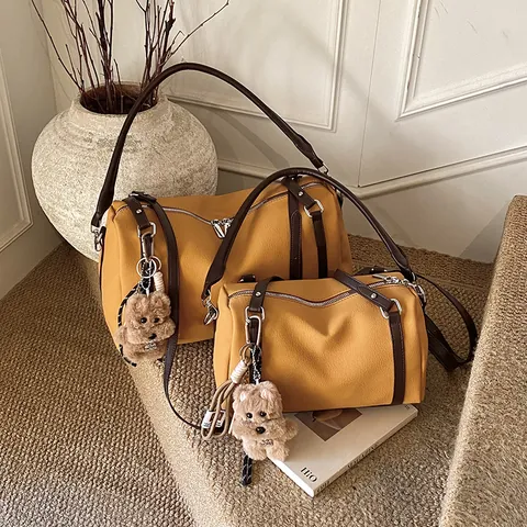 Korean Vintage Matte Boston Tote Bag Large Capacity Color Blocked Crossbody Handbag For Women Fashion Street Commute Shoulder Bag