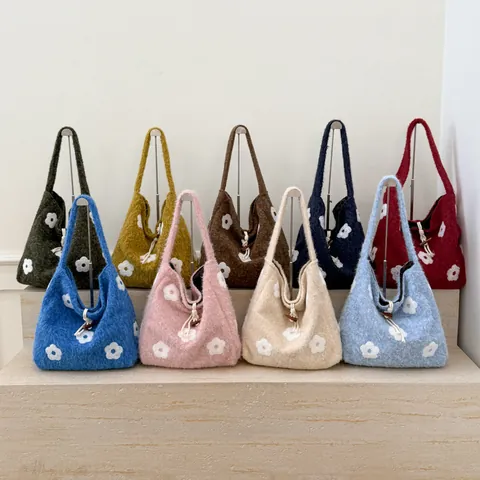 Women Plush Shoulder Bag Knitted Tote Bag Flower Embroidery Drawstring Wooden Buckle Autumn Winter Large Capacity