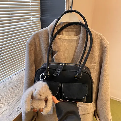 Vintage Maillard Underarm Bag For Women PU Leather Contrast Stitching Shoulder Bag Large Capacity Commute Tote Bag With Rabbit Pendant