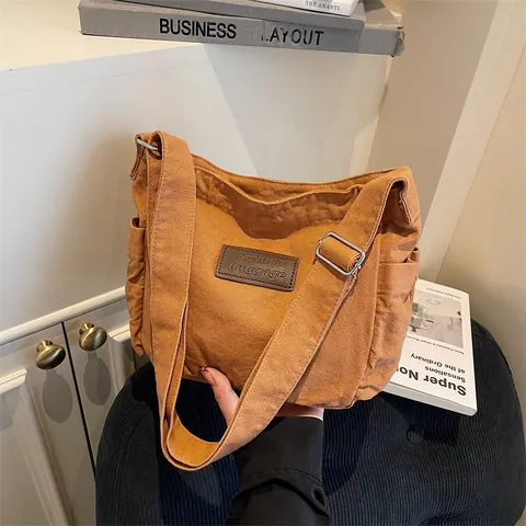 Borsa a Tracolla in Tela Minimalista da Donna Streetwear Con Tracolla Larga Regolabile e Patch in Pelle Borsa a Messaggero