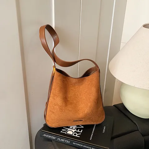 Women Vintage Suede Look PU Leather Tote Bag Large Capacity Minimalist Shoulder Bag Solid Color Commuter Handbag