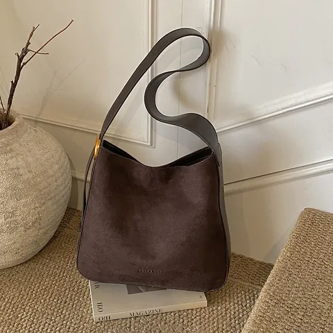 Women Vintage Suede Look PU Leather Tote Bag Large Capacity Minimalist Shoulder Bag Solid Color Commuter Handbag