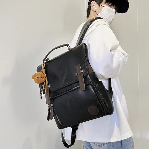 Women's Retro PU Leather Large Capacity Backpack Casual Street Style Fashionable Rucksack With Teddy Bear Pendant For Daily Travel