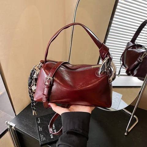 Retro Damen Boston Tasche Glänzend PU Leder Schultertasche Mit Knotengriff Silberne Beschläge Umhängetasche Mode Tote