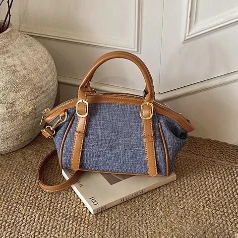 Vintage Damen Boston Handtasche Gewebt Denim Spleißen PU Leder Schultertasche Top Handle Satchel Umhängetasche Verstellbarer Gurt