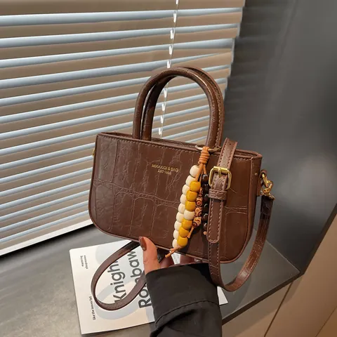 Damen Mode Krokodilmuster PU Leder Handtasche Vintage Schulter Umhängetasche Mit Perlenanhänger Tägliche Pendeltasche