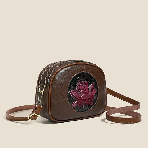 Nieuwe Chinese Stijl Retro Vrouwen Schoudertas PU Leer Lotus Bloem Reliëf Crossbody Tas Multi Layer Rits Camera Tas