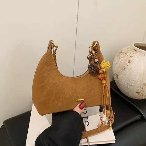 Vintage Matte PU Leather Half Moon Underarm Bag For Women Bohemian Pendant Golden Hardware Fashion Hobo Single Shoulder Bag