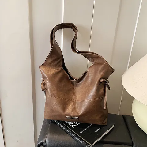 Retro Große Kapazität PU Leder Tote Bag Damen Vintage Ölwachs Textur Schulter Hobo Bag Seite Kordelzug Schleife Pendeltasche