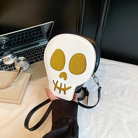 Halloween Skull Shaped Crossbody Bag PU Leather Glitter Punk Shoulder Bag For Women Party Gothic Small Messenger Bag