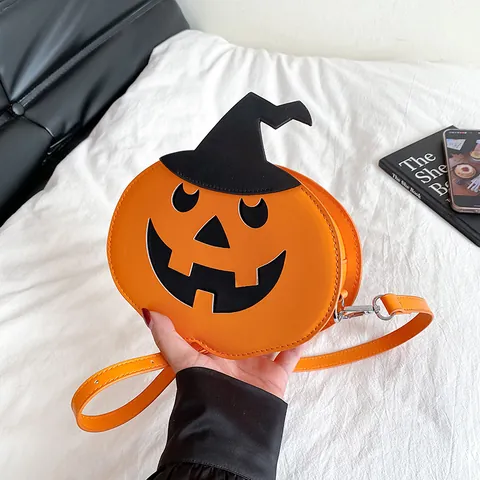 Halloween Funny Pumpkin Crossbody Bag PU Leather Cartoon Witch Hat Shoulder Bag For Women Festive Party Purse Orange Black