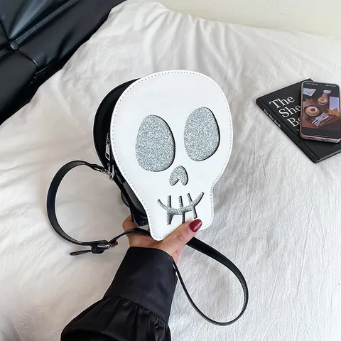 Halloween Skull Shaped Crossbody Bag PU Leather Glitter Punk Shoulder Bag For Women Party Gothic Small Messenger Bag