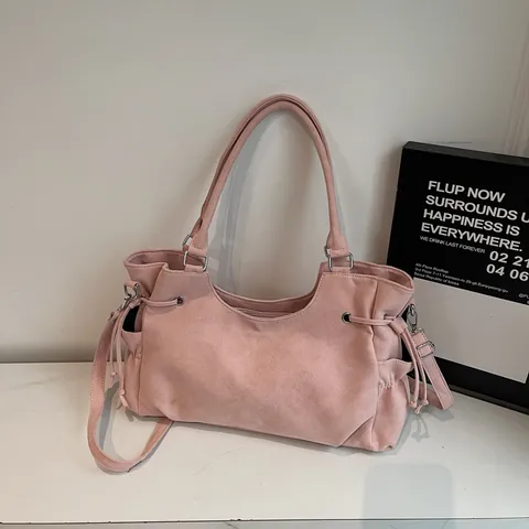 Borsa Tote da Donna in Stile Coreano Minimalista di Grande Capacità Borsa a Mano in PU Scamosciato Opaco Con Coulisse Laterale e Tracolla Regolabile