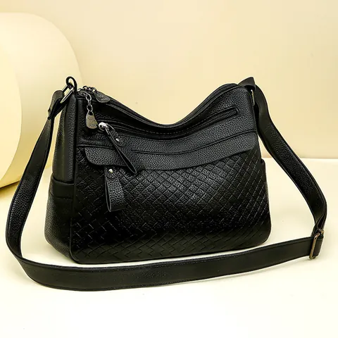 Women Fashion PU Leather Crossbody Bag Multi Zipper Shoulder Bag With Diamond Lattice Lychee Texture Daily Commuting Handbag Black