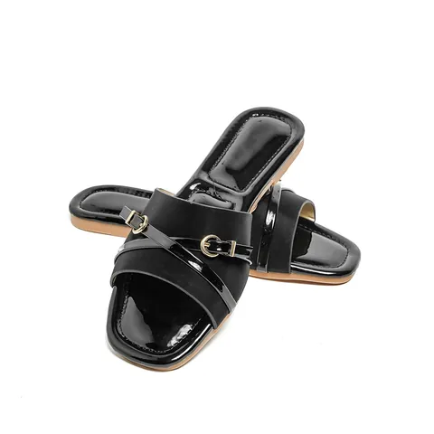 Women's Bohemian Flat Slides Square Toe PU Leather Rhinestone Horsebit Buckle Anti-Slip Beach Sandals Summer Casual Slip-On Shoes