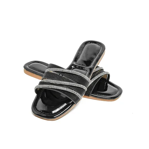Women's Bohemian Rhinestone Flat Sandals Square Toe Beach Slides Metallic PU Summer Fashion Comfortable Soft Outdoor Slippers