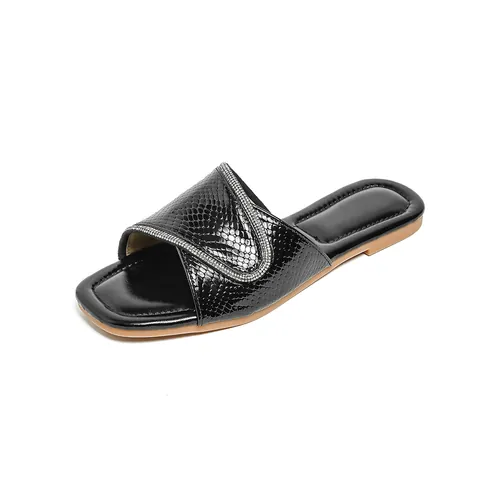 Women's Bohemian Rhinestone Flat Slides Square Toe Snake Print PU Leather Beach Sandals Fashion Summer Slippers