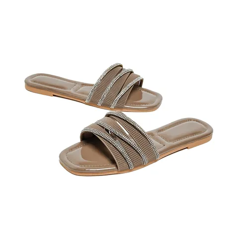 Women's Bohemian Rhinestone Flat Sandals Square Toe Beach Slides Metallic PU Summer Fashion Comfortable Soft Outdoor Slippers