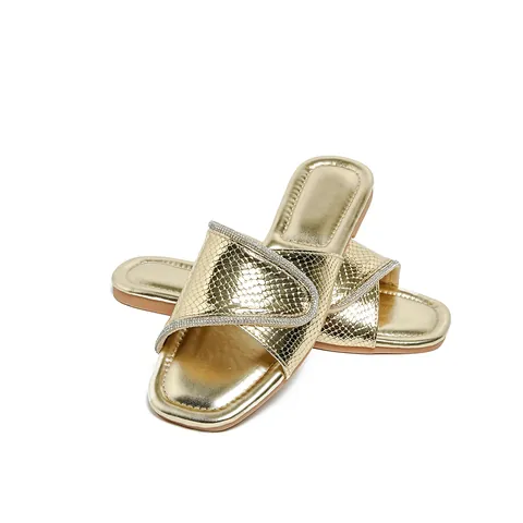Women's Bohemian Rhinestone Flat Slides Square Toe Snake Print PU Leather Beach Sandals Fashion Summer Slippers