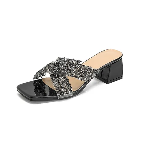 Women Fashion Rhinestone Mules Block Heel Square Toe Cross Strap Sandals With Artificial Pearl Decoration Bohemian Party Wedding Shoes