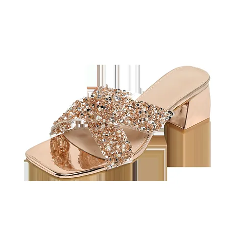Women Fashion Rhinestone Mules Block Heel Square Toe Cross Strap Sandals With Artificial Pearl Decoration Bohemian Party Wedding Shoes