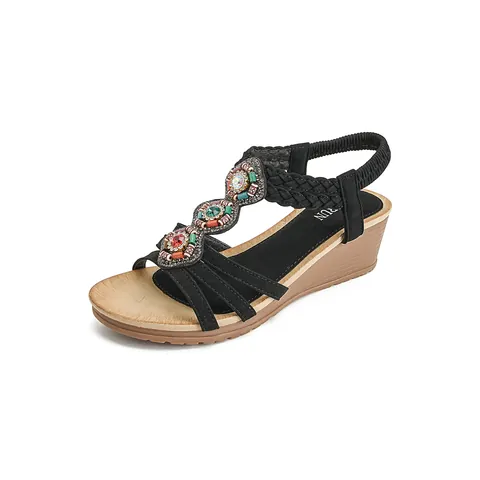 Women's Bohemian Wedge Sandals Colorful Beads Rhinestone PU Leather Summer Beach Shoes Fashion Ethnic Style Comfort Sandals