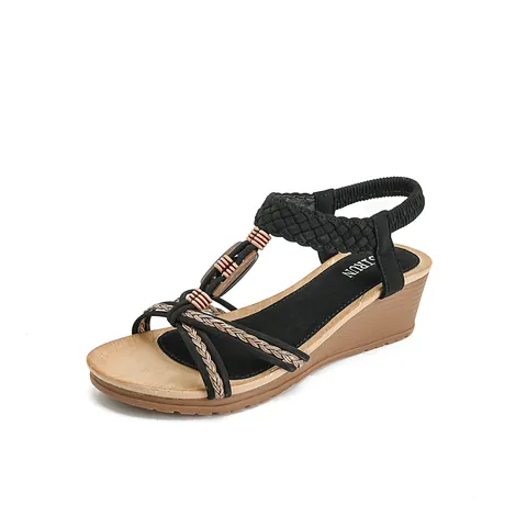 Women's Bohemian Wedge Sandals Summer Beach Braided Straps Comfort PU Wood Bead Decor Elastic Back Strap Fashion Sandals