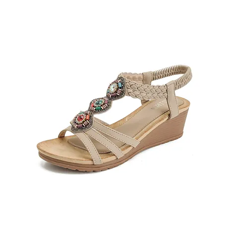 Women's Bohemian Wedge Sandals Colorful Beads Rhinestone PU Leather Summer Beach Shoes Fashion Ethnic Style Comfort Sandals
