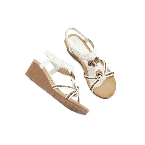 Bohemian Women Wedge Sandals Woven T-Strap Microfiber Metal Flower Decor Wood Grain Heel Summer Beach Vacation Shoes