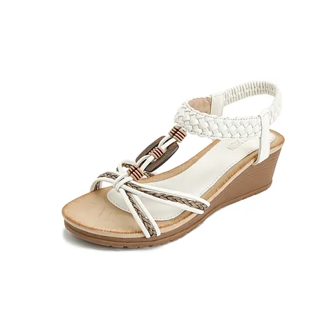 Women's Bohemian Wedge Sandals Summer Beach Braided Straps Comfort PU Wood Bead Decor Elastic Back Strap Fashion Sandals