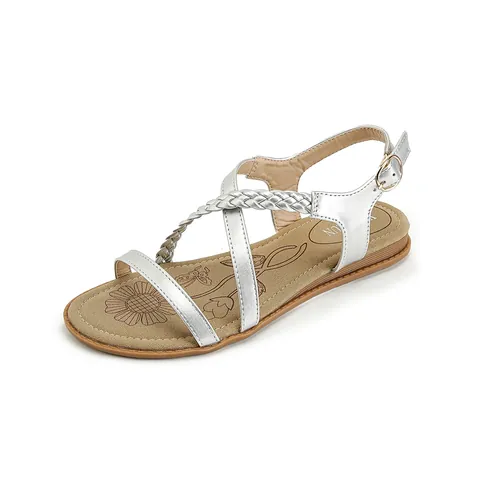 Women Bohemian Flat Sandals Rhinestone Braided Strappy Buckle Summer Beach Shoes Comfortable PU Leather TPR Sole Sandals