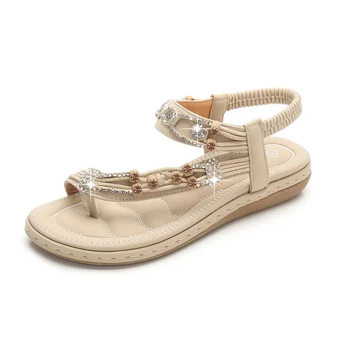 Women Bohemian Flat Sandals Rhinestone Beaded Round Toe Elastic Band PU Leather Summer Beach Shoes Retro Casual Sandals