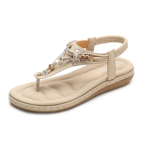 Bohemian Women Flat Sandals T-Strap Flip Flops With Rhinestones Beads Split Leather Elastic Back Strap Summer Beach Shoes